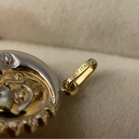 14k solid gold two tone puffy reversible sun moon face celestial pendant 3d - Picture 14 of 14